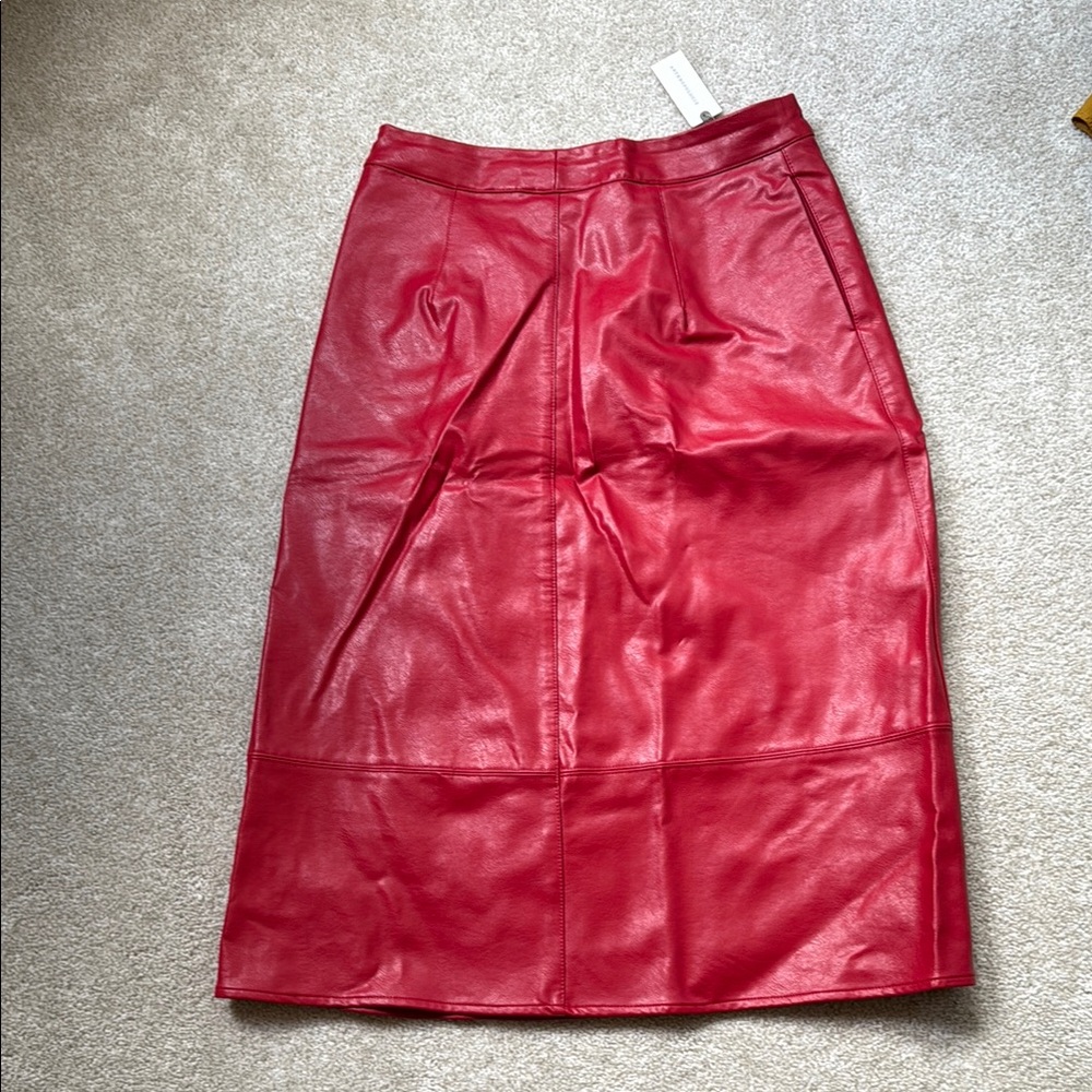 Anthropologie Red Leather Midi Skirt
